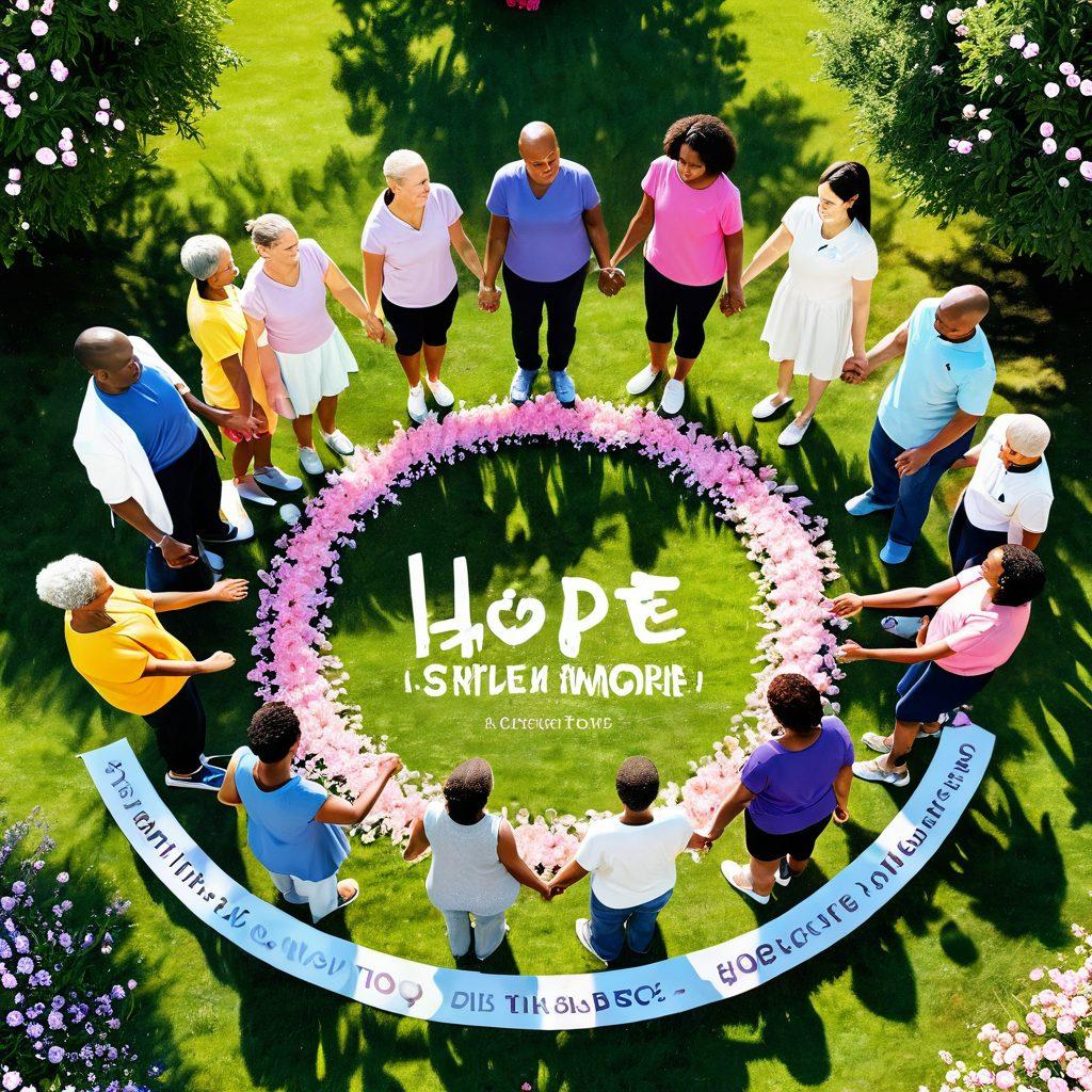 A vibrant gathering of diverse people holding hands in a circle, symbolizing unity and support for cancer patients, surrounded by uplifting phrases like 'Hope' and 'Strength' written in colorful floating letters. In the background, a serene park with blooming flowers and bright sunlight. Include symbols of advocacy like ribbons and hearts scattered throughout the scene. super-realistic. vibrant colors. peaceful atmosphere.