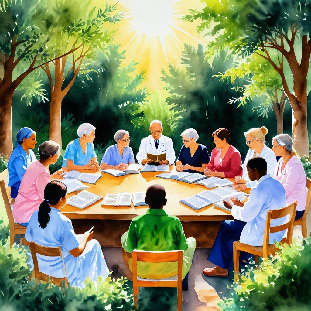 A compassionate scene featuring a diverse group of patients and healthcare professionals engaging in a supportive discussion about cancer awareness. Include symbols of knowledge such as open books and light bulbs radiating light, surrounded by lush greenery representing hope and healing. The atmosphere should be warm and inviting, evoking a sense of community and empowerment. watercolor painting. warm colors. soft focus.